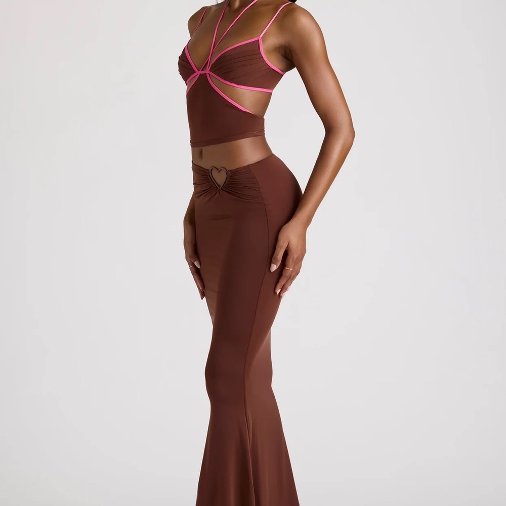 Oh Polly Chocolate Brown Two-Piece with Pink Contrast Trim